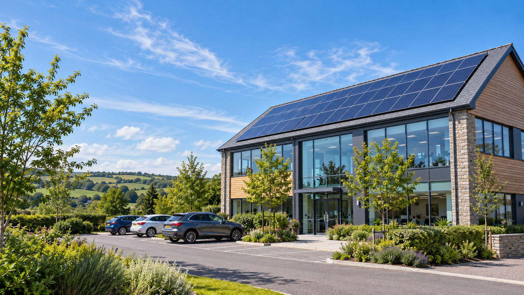 Illustration of a commercial office building with solar panels